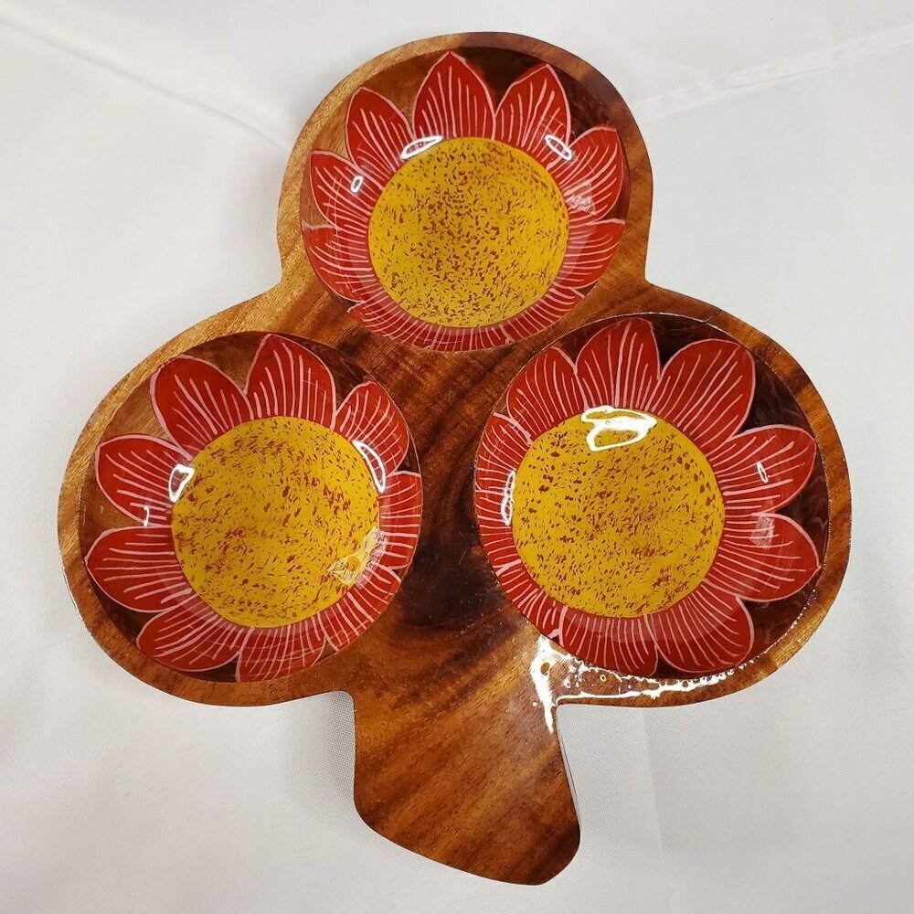 Mexican Folk Art Wood Appetizer Platter Dish Snacks Vintage Flower Sunflower